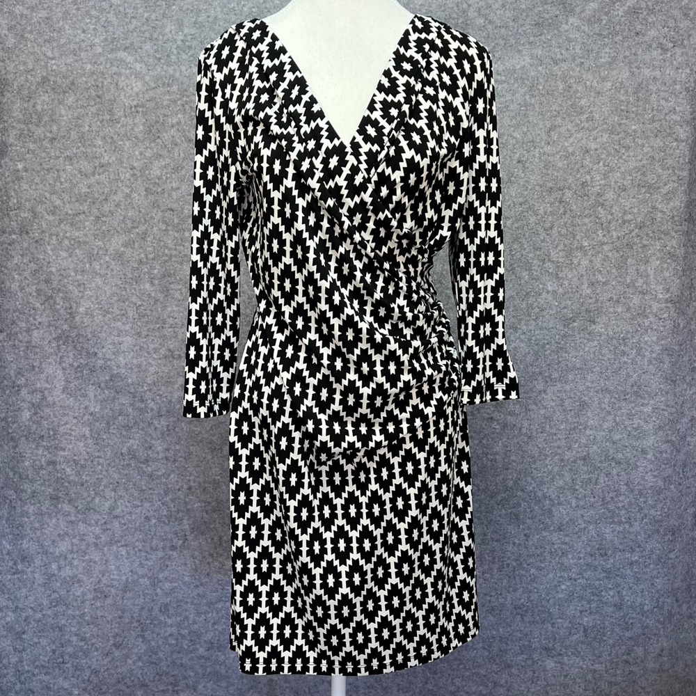 Cato Black White‎ Geometric Faux Wrap Ruched Stretchy Travel Career Dress Small
